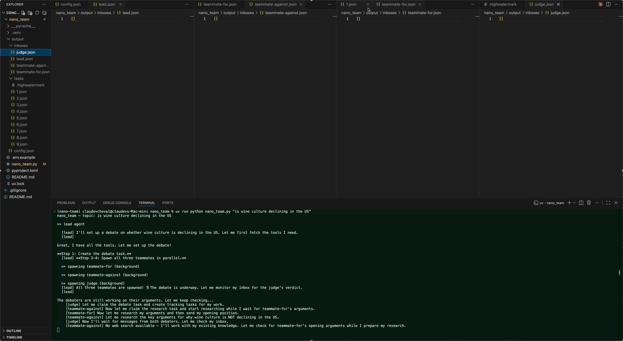 VS Code showing four empty inbox files, 9 task files in the sidebar, and the terminal with all three teammates spawning in background