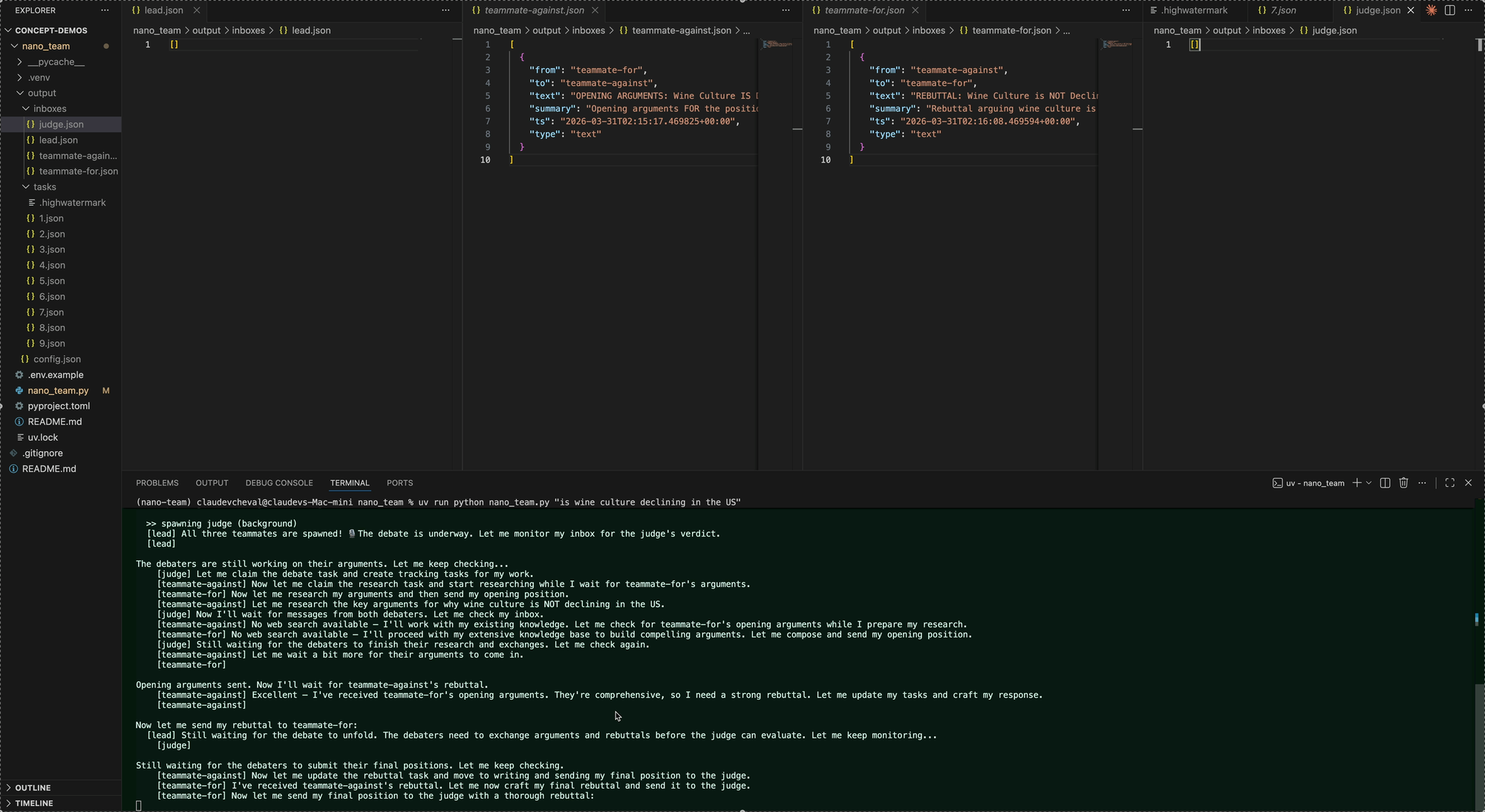 VS Code mid-debate: all three inbox files filling with messages, 9 task files created, teammates exchanging arguments in the terminal